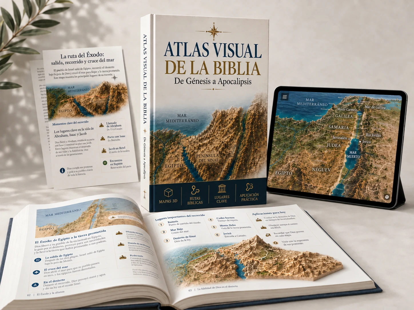 Atlas Visual de la Biblia, libro abierto y tableta con mapas bíblicos detallados