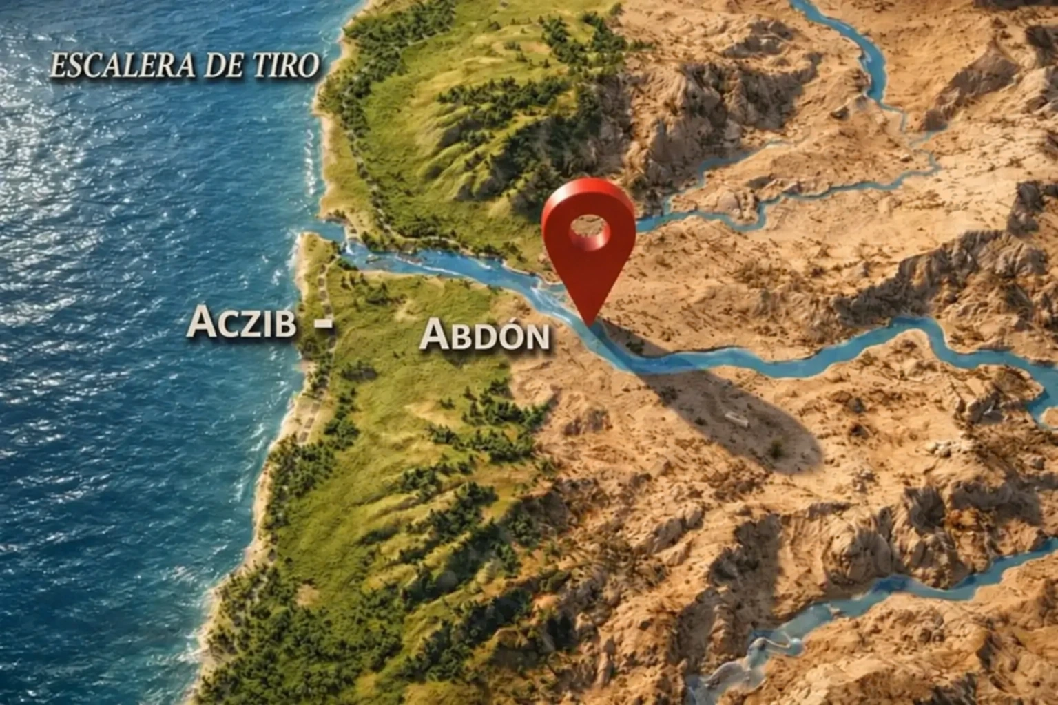 La Escalera de Tiro, Aczib y Abdón en un mapa geográfico detallado en 3D