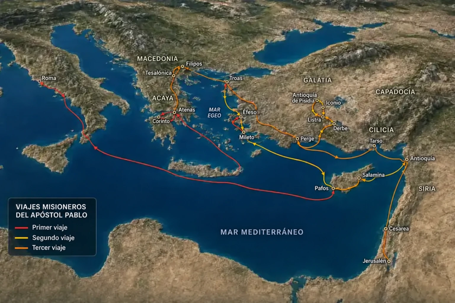 Los tres viajes misioneros del apóstol Pablo por el Mediterráneo